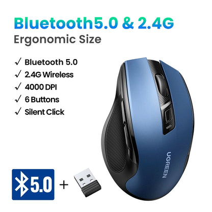 UGREEN Wireless Mouse Bluetooth 5.0 Ergonomic 4000 DPI 6 Mute Buttons For MacBook Computer Tablet Laptop PC 2.4G Mice Mouse