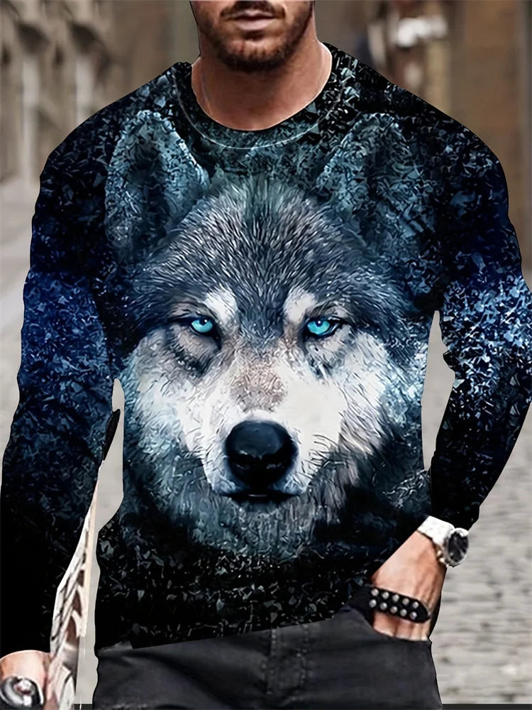 2024 New Wolf Print Men's Long Sleeve T-shirt Spring and Autumn Daily Casual Street Fashion Men's Long Sleeve T-shirt