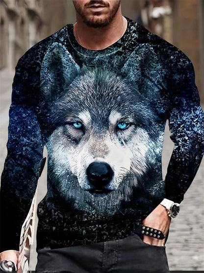 2024 New Wolf Print Men's Long Sleeve T-shirt Spring and Autumn Daily Casual Street Fashion Men's Long Sleeve T-shirt