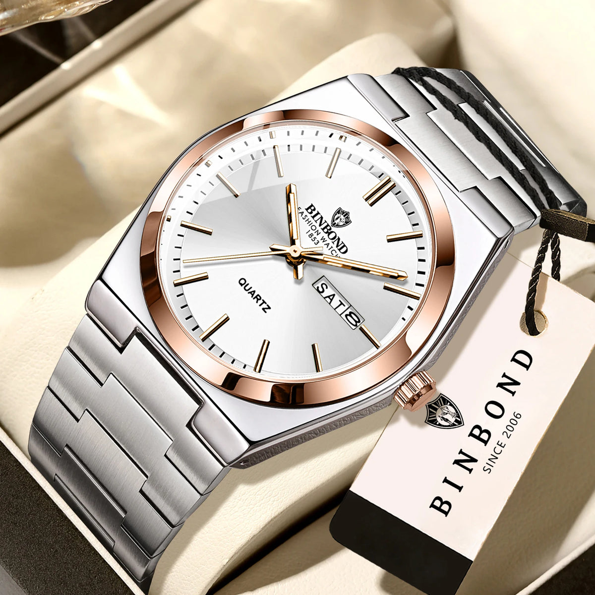 Relógio de pulso de luxo BINBOND com movimento de quartzo, luminoso, estanque, com indicação do dia da semana e data automática, bracelete em aço, estilo empresarial, desportivo, moderno e casual.