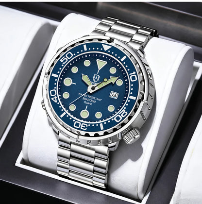 Montres pour homme QINGXIYA : montres de luxe à quartz pour homme, tendance, étanches, luminescentes, avec date et cadran rotatif, en acier inoxydable