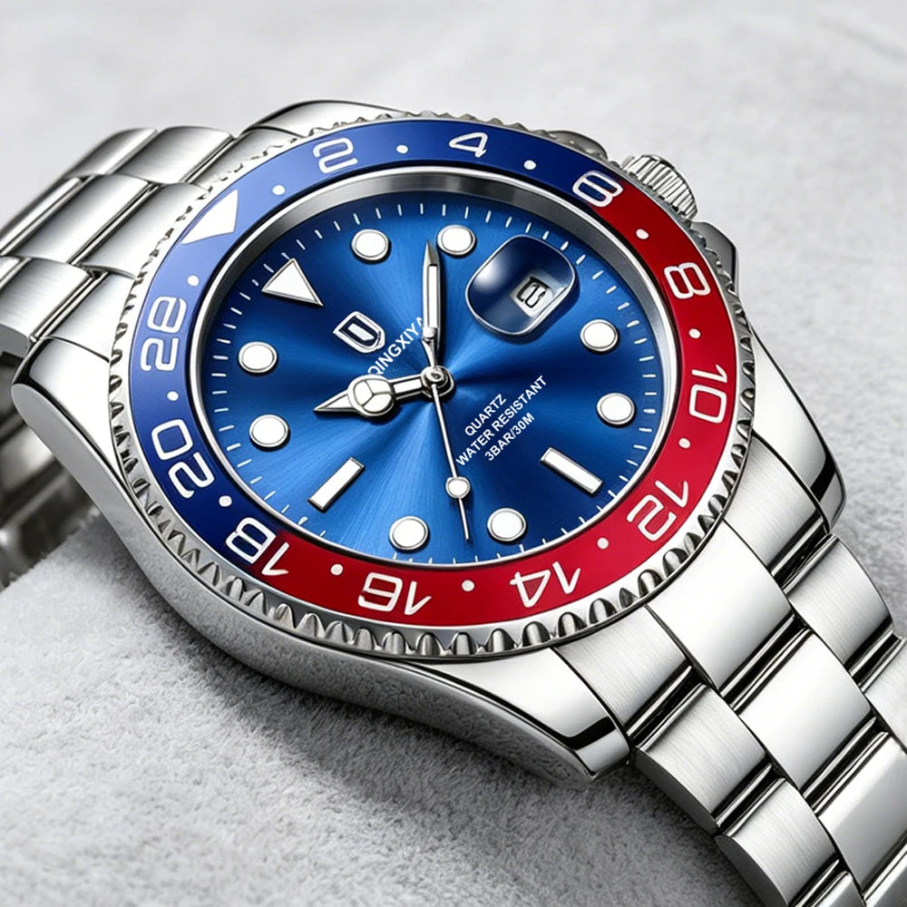 QINGXIYA Montres de luxe à quartz pour homme en acier inoxydable, étanches, avec date luminescente, montre-bracelet pour homme, reloj hombre