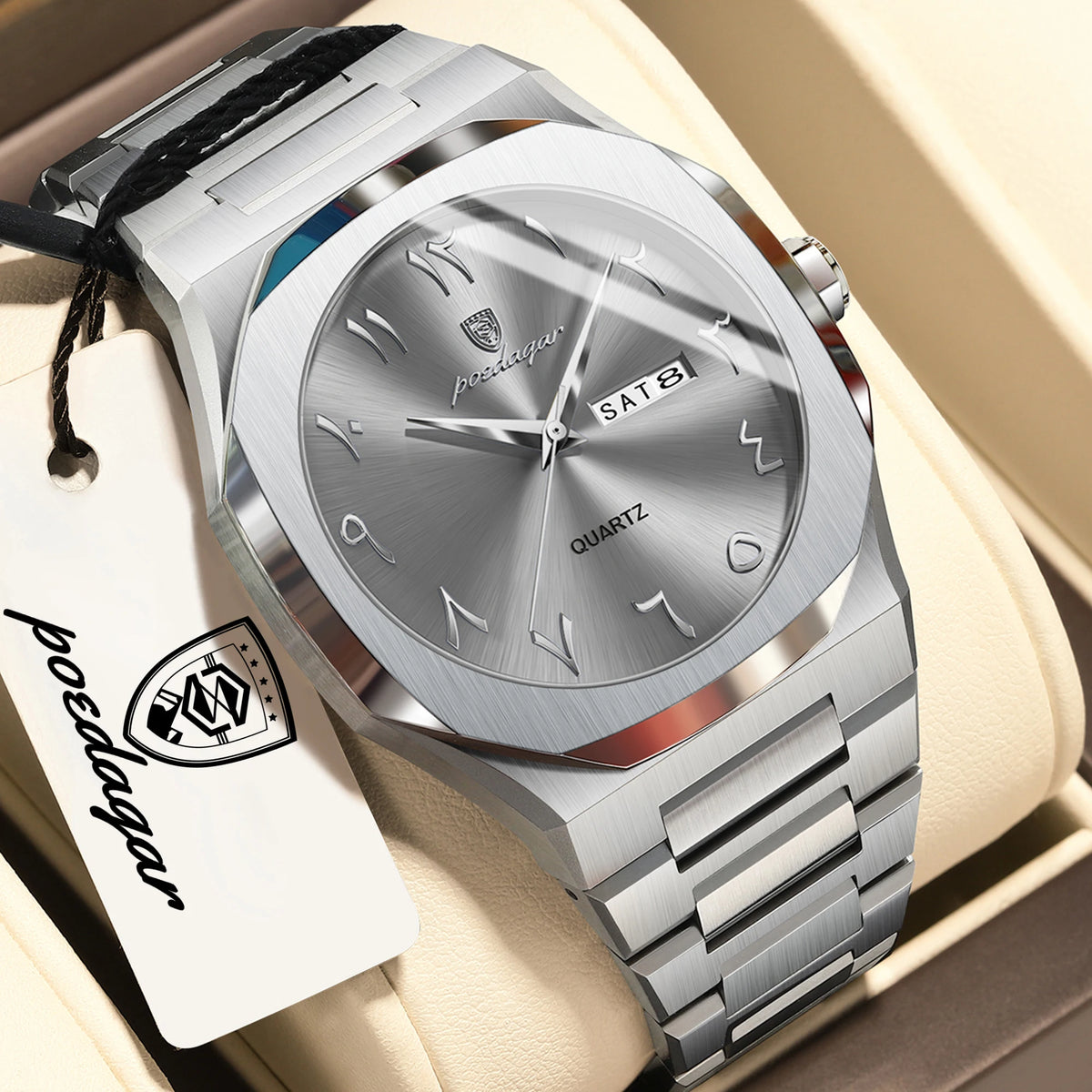 POEDAGAR luxe herenhorloge, waterdicht, roestvrij staal, quartz, week- en datumweergave, zakelijke herenhorloges, Reloj Hombre