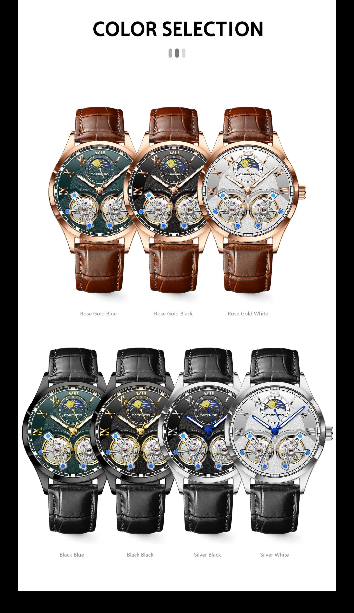 CAREKISO Fashion Men Clock Double Hollow Tourbillon Automatic Mechanical Man Watch Waterproof Luminous Leather Men's Watches+Box