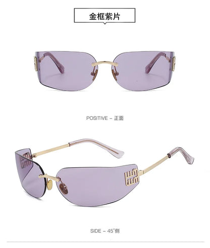 High End Sunglasses Women Rimless Curved Sun Glasses for Eye Protection and Sunscreen Travelling Hiking Shades Gafas