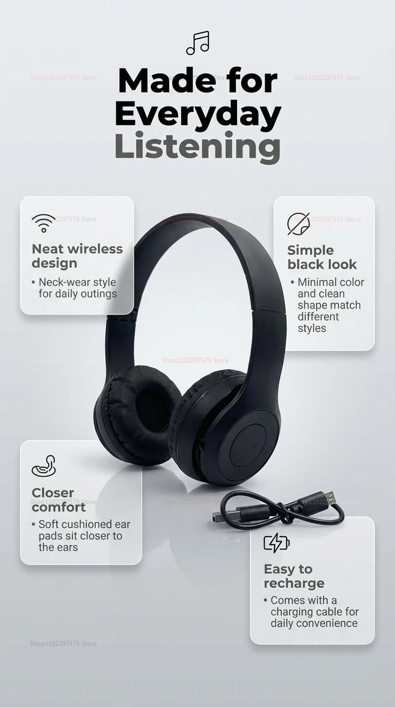 Bluetooth 5.0 Wireless Headphones, Foldable Over-Ear Headset, HiFi Stereo Sound, Soft Skin-Friendly Earmuffs