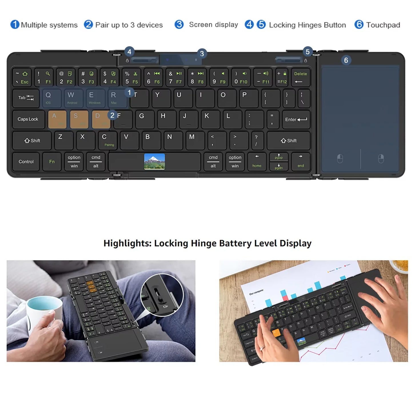 Folding Travel Keyboard with Touchpad &Display,Foldable Bluetooth Keyboard for Windows iOS Android,Multi Device Keyboard