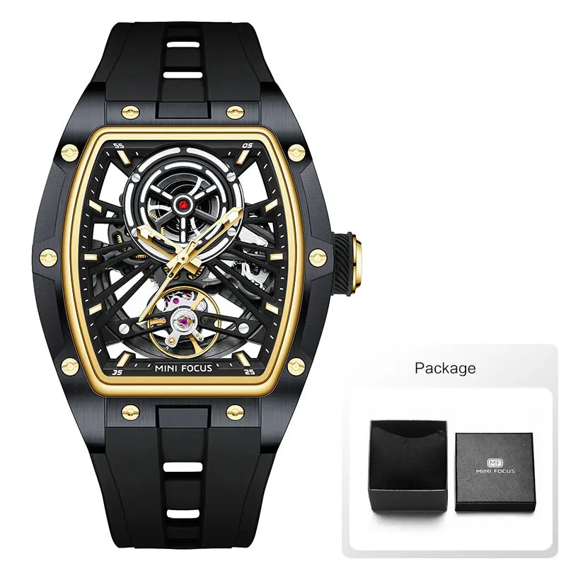 Reloj de pulsera MINI FOCUS para hombre, negro, a la moda, resistente al agua, mecánico automático, con manecillas luminosas, correa de silicona y esfera tonneau
