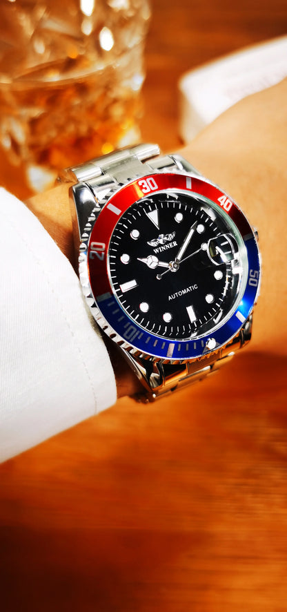 Orologio meccanico classico da uomo – Marchio di lusso, stile professionale, movimento automatico, lunetta girevole, quadrante luminescente, bracciale in acciaio