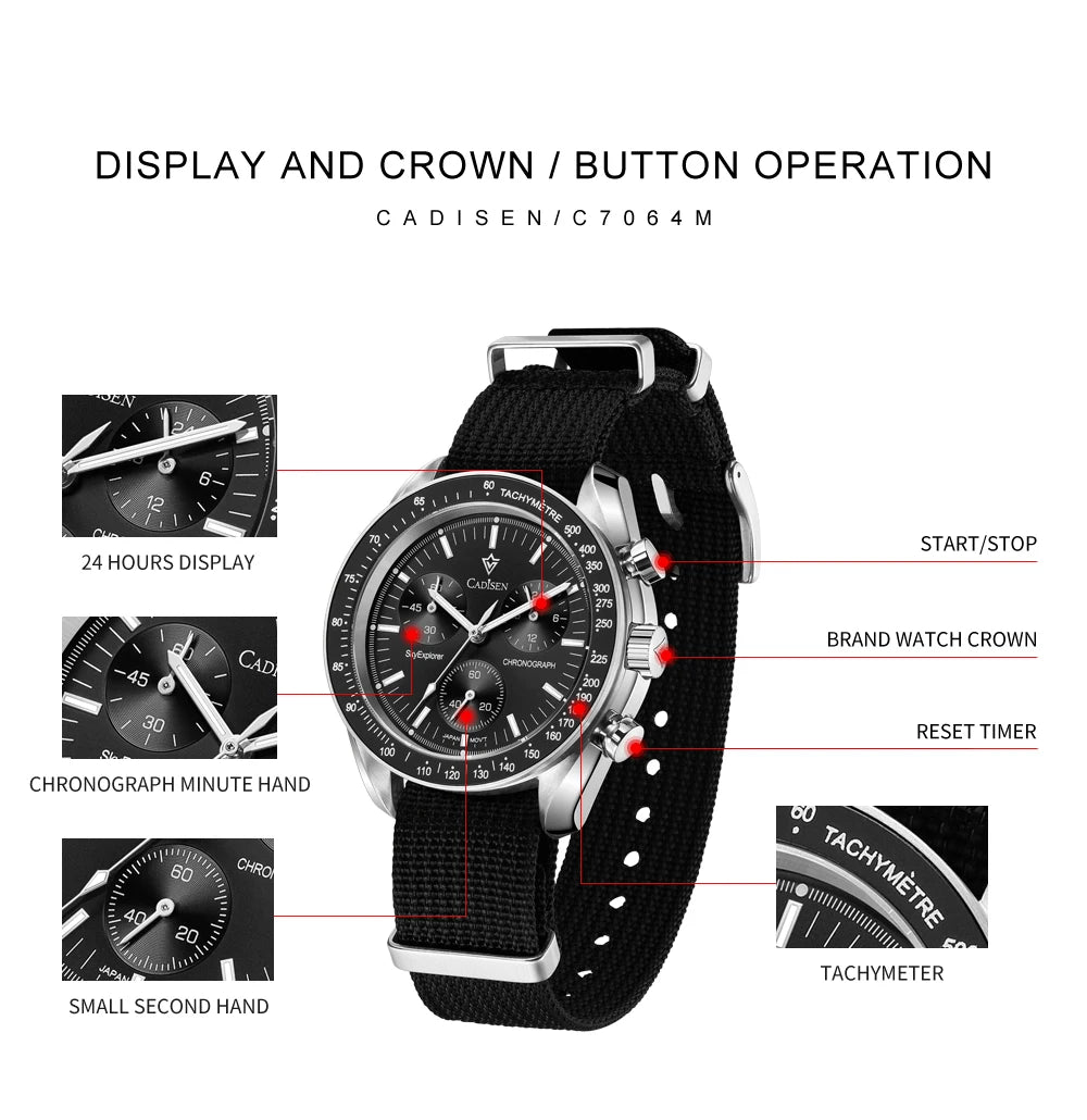 CADISEN Neue Herrenuhren Luxuriöse Quarz-Armbanduhr für Herren Saphirglas mit AR-Beschichtung Canvas VK68 Speed Chronograph Automatik