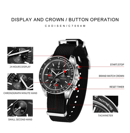 CADISEN Neue Herrenuhren Luxuriöse Quarz-Armbanduhr für Herren Saphirglas mit AR-Beschichtung Canvas VK68 Speed Chronograph Automatik