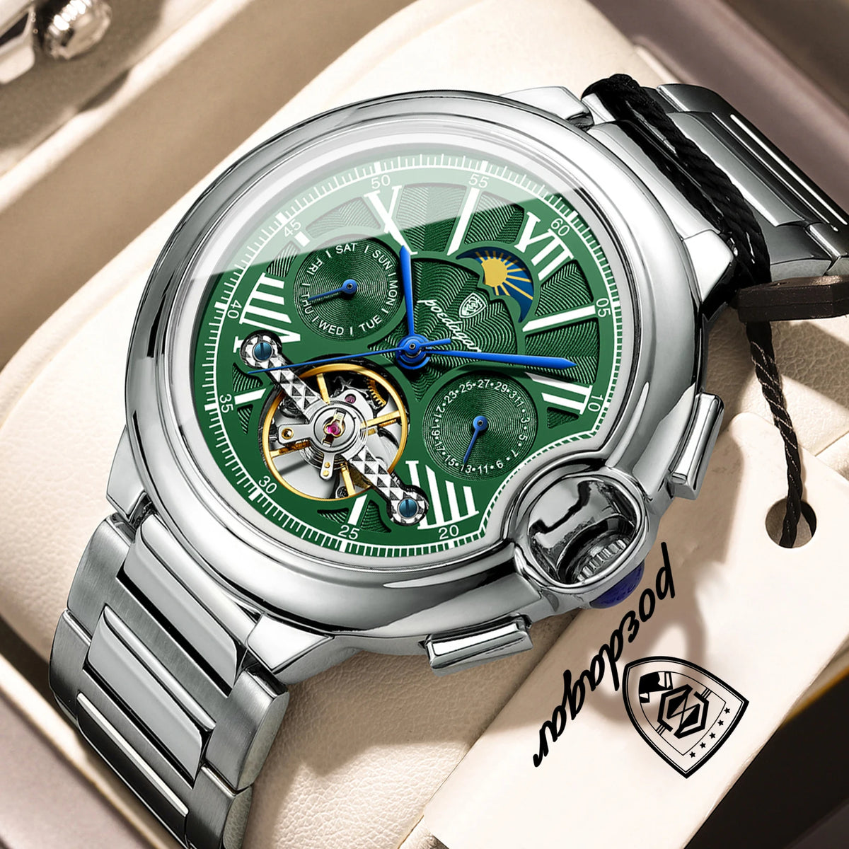 Orologio di lusso da uomo POEDAGAR – Modello meccanico a carica automatica con datario e indicatore del giorno, cinturino in pelle, tourbillon, impermeabile, stile elegante e professionale.