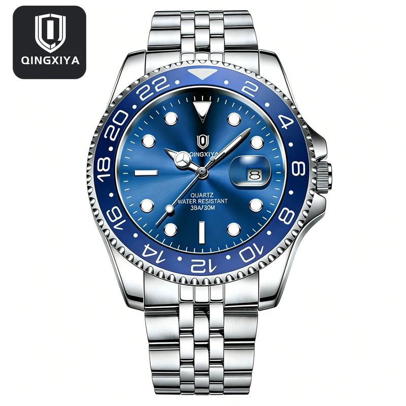 QINGXIYA Montres de luxe à quartz pour homme en acier inoxydable, étanches, avec date luminescente, montre-bracelet pour homme, reloj hombre