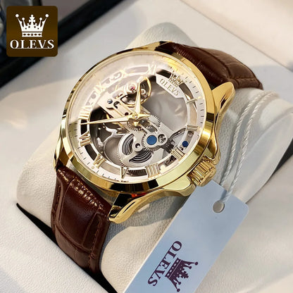Orologio meccanico automatico da uomo OLEVS 6661 – Modello scheletrato completamente trasparente con rotore a vista, cinturino in pelle, orologio di lusso originale da uomo