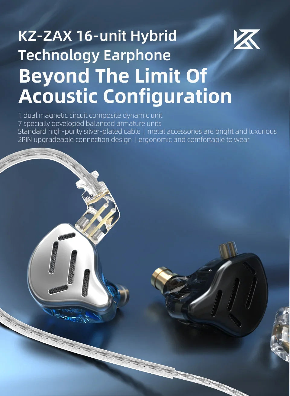 KZ ZAX 7BA 1DD Hybrid In Ear Earphones 16 Driver Unit HIFI Headset Metal Earbuds Earphone 2PIN Cable