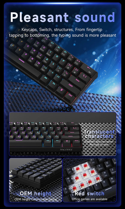 AJAZZ NK61 61-Key Red Switch Wired Mechanical Keyboard with Hot-Swappable Keys and RGB Lighting, Suitable for PC and Mac