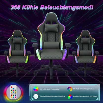Rosahqnda Gaming Chair with Massage Function, Adjustable backrest,Computer Chair,with ambient light,Lumbar Cushion, Pillow,150 KG
