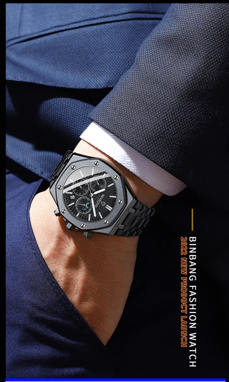 Montre-bracelet à quartz BINBOND pour homme, chronographe de luxe luminescent, en acier inoxydable, étanche, avec date et calendrier