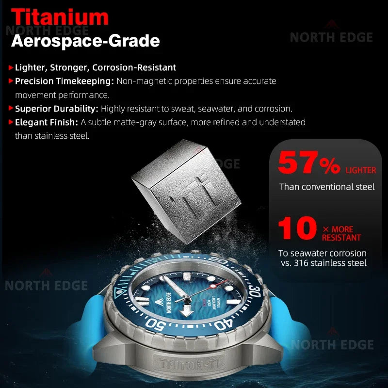 NORTH EDGE NEW+ TRITON-TI Titanium Solar-Powered Diving Watch Luxury Quartz Watches for Men 300M Waterproof 180+ Day Power
