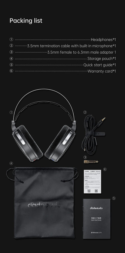 FiiO JT3 Over-Ear Open-Back Headphones, 50mm Dynamic Driver, PEK+PU Composite Diaphragm, Detachable 3.5mm Cable with Mic