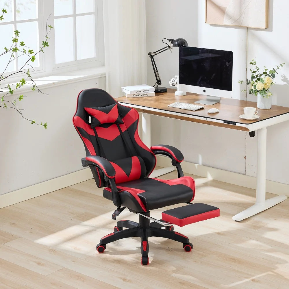 360 ° - Swivel Ergonomic Racing Design Gaming Chair Leather, Headrest and Lumbar Support for Office and Gaming - Black&Red