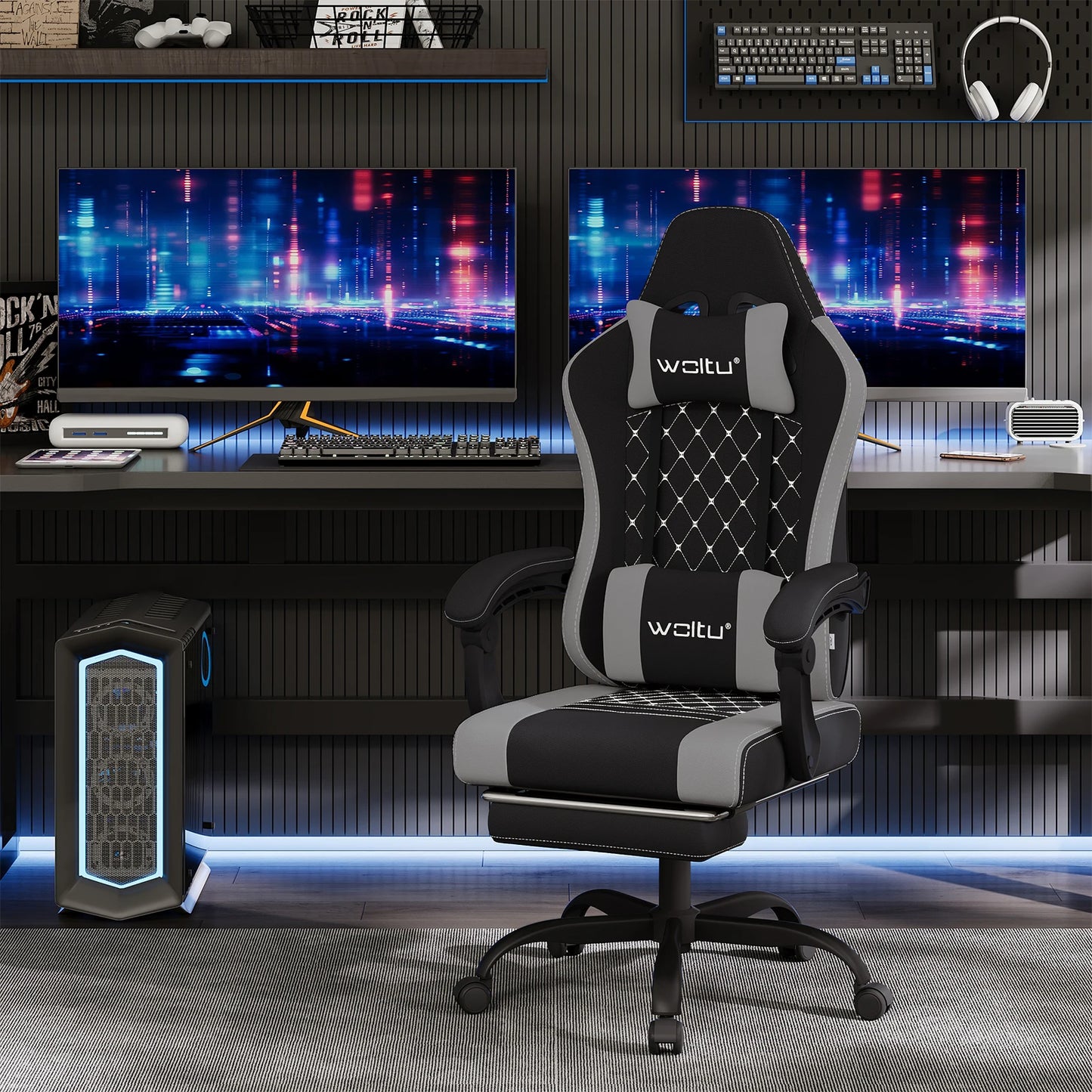 WOLTU Massage Gaming Chair Ergonomic Swivel Computer Chair with Pillow & Footrest Adjustable Headrest Lumbar Support Gamer Chair