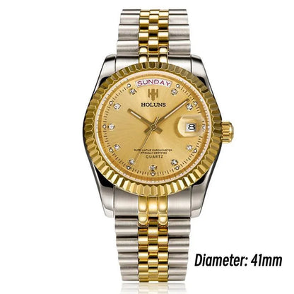 Relojes de hombre Holuns Luxury Classic de 36/41 mm en oro, con movimiento de cuarzo MIYOTA de Japón, de acero inoxidable, reloj de pulsera clásico de negocios, resistente al agua