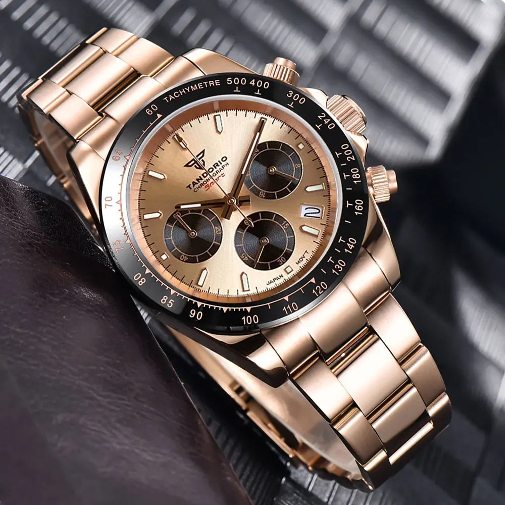 Luxury VK63 Men's Watch Quartz Movement Business Stop Watches 39mm Steel/Rose Gold Date Luminous Dial Fully Chronograph