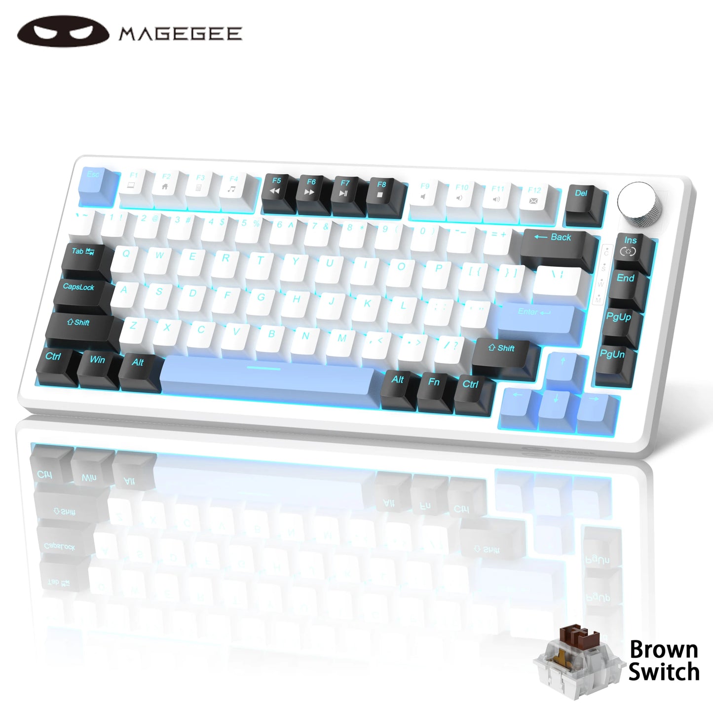 MageGee 75% Mechanical Gaming Keyboard with Knob Control, Compact Blue Backlit Wired Keyboard Black/Brown Switches for PCWindows