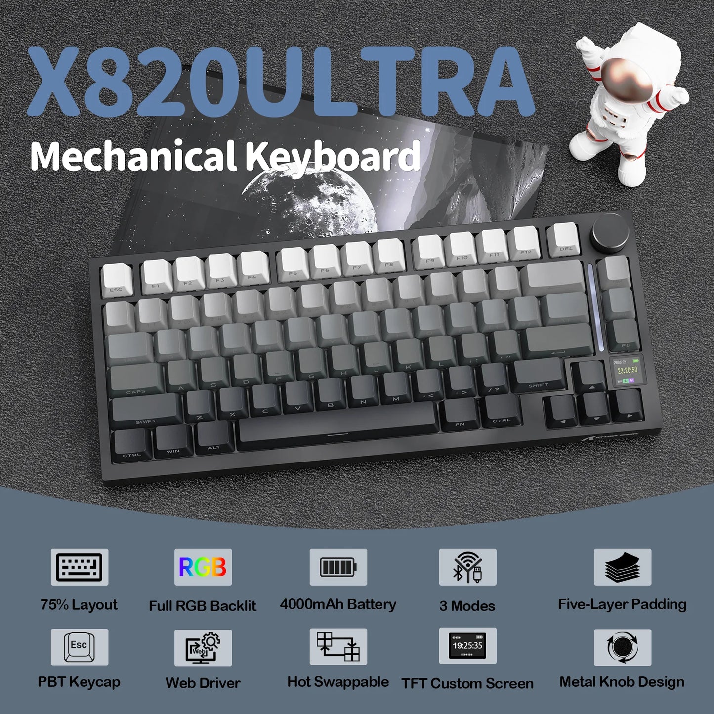 ATTACK SHARK X820 Ultra Wireless Mechanical Keyboard with TFT Smart Display & Knob, 75% Hot Swappable, BT/2.4G/Wired,Gift Switch