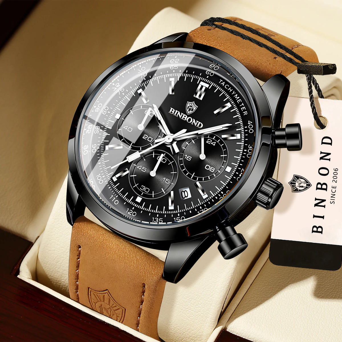 Orologio cronografo BINBOND al quarzo, robusto e preciso, da uomo, di lusso, con data automatica, luminescente e impermeabile, in stile casual.