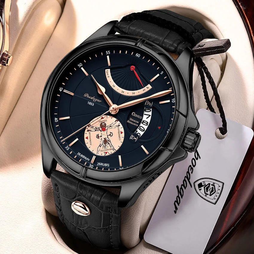 Orologio da polso al quarzo POEDAGAR da uomo – Stile business, di lusso, impermeabile, luminescente, con datario e cinturino in pelle – Elegante orologio da uomo