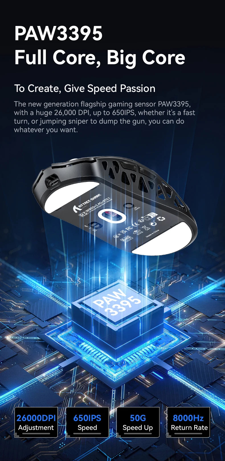 ATTACK SHARK R3 Gaming Mouse Magnesium Alloy Honeycomb,Ultra-Lightweight 8K Hz, PAW3395 Sensor, 26000 DPI, Ergonomic Shel