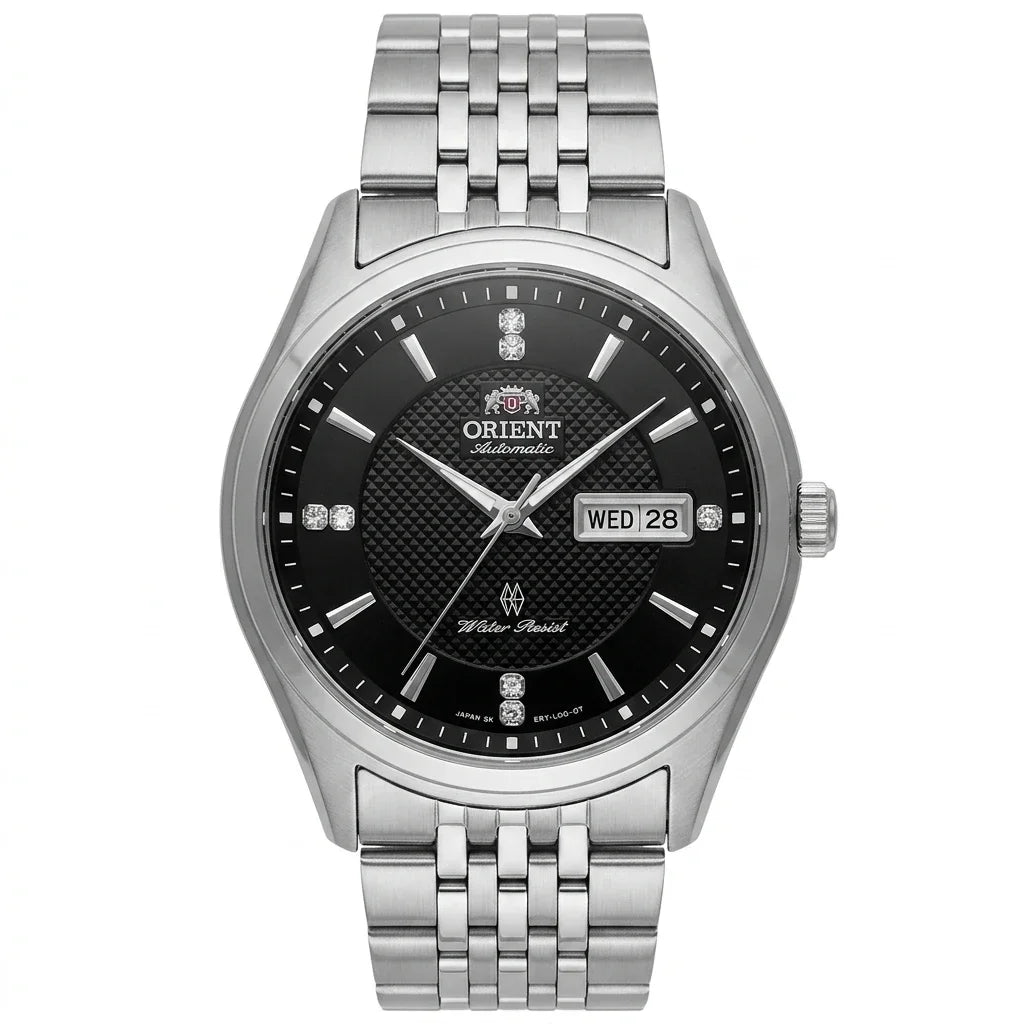 Orologio meccanico automatico da uomo Orient, con doppio calendario (data e giorno della settimana), indici in cristallo e bracciale in acciaio inossidabile – Orologio da polso dallo stile professionale