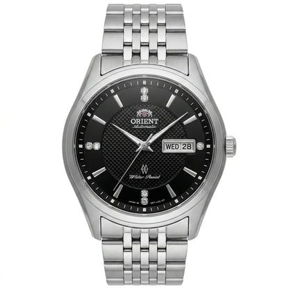 Orologio meccanico automatico da uomo Orient, con doppio calendario (data e giorno della settimana), indici in cristallo e bracciale in acciaio inossidabile – Orologio da polso dallo stile professionale