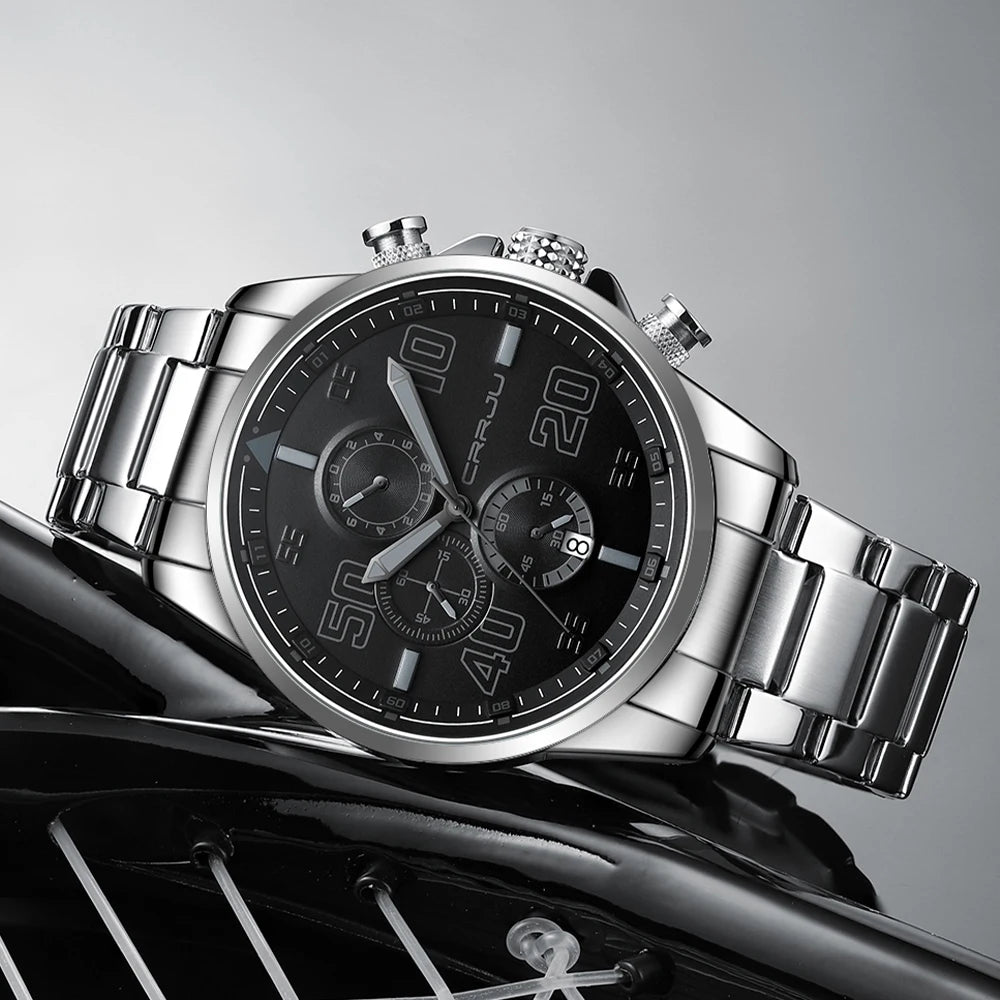 Orologio da uomo CRRJU – Cronografo di lusso, quadrante grande, acciaio inossidabile, impermeabile, con datario