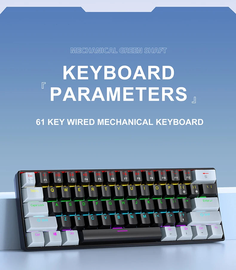APAYADO K61 Mini 60% Gaming Keyboard 61-Key, Wired, Portable, RGB Lighting, Red/Blue Switch, Black/White/Red Colors