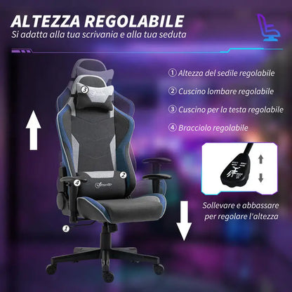 Gaming Chair Reclining 150 °   With Rocking Function, in Linen Effect Fabric, 66X53X128-138 Cm, Gray