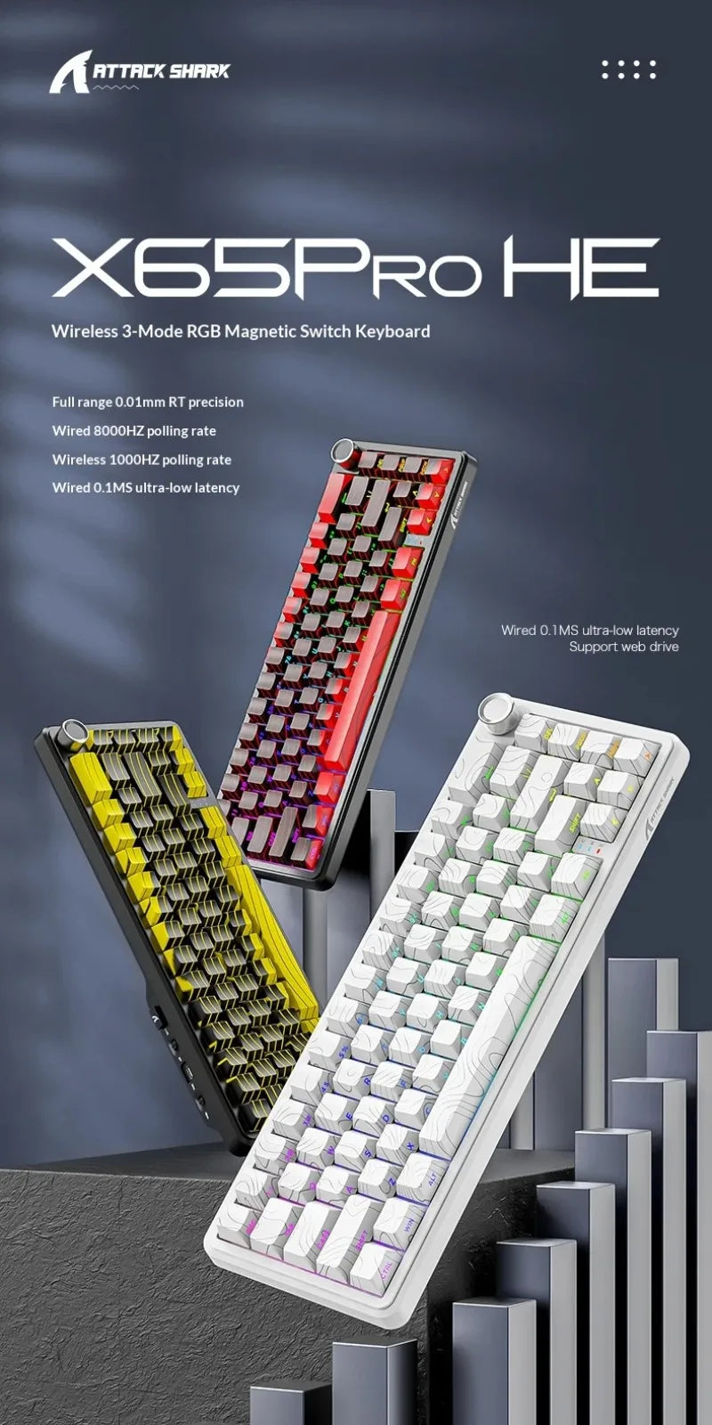 Attack Shark X65 PRO HE Magnetic Switch Keyboards 8K RT0.001mm Side Engraving Bluetooth Wireless Gaming Keyboards Windows Mac PC