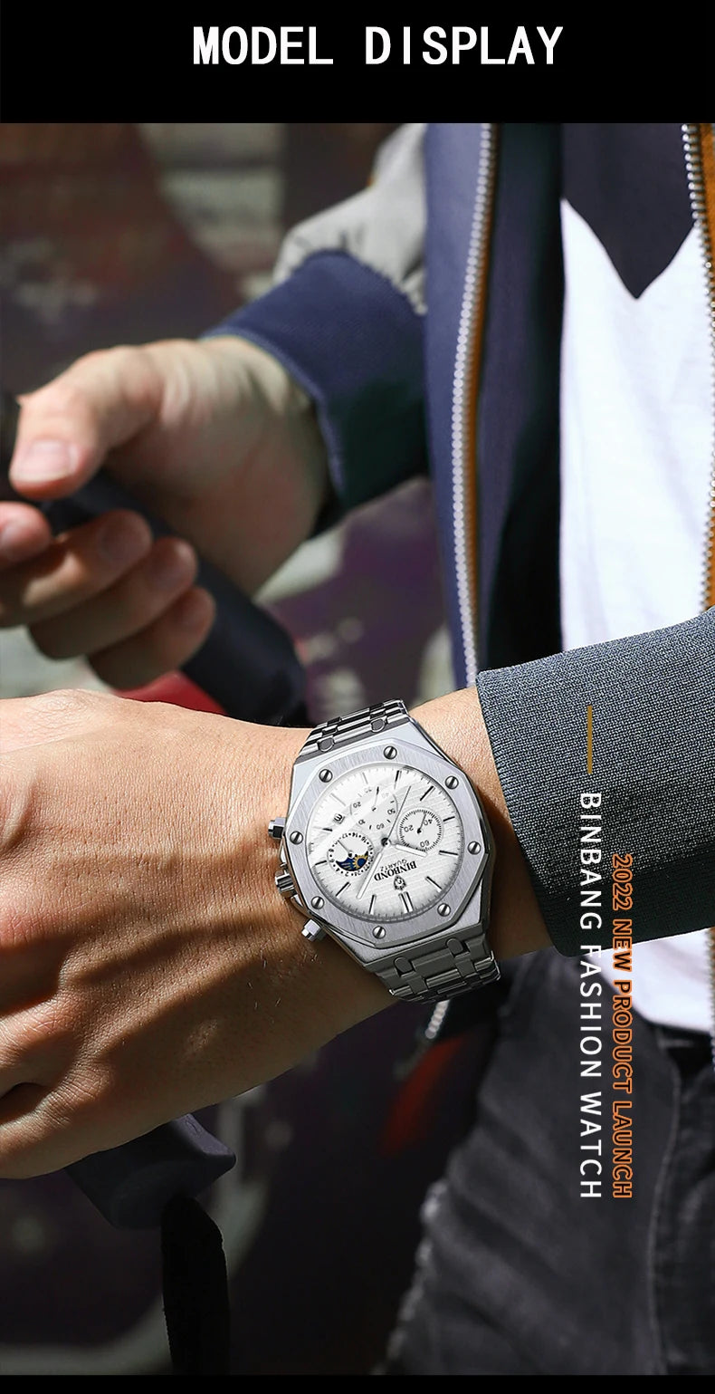 Montre-bracelet à quartz BINBOND pour homme, chronographe de luxe luminescent, en acier inoxydable, étanche, avec date et calendrier