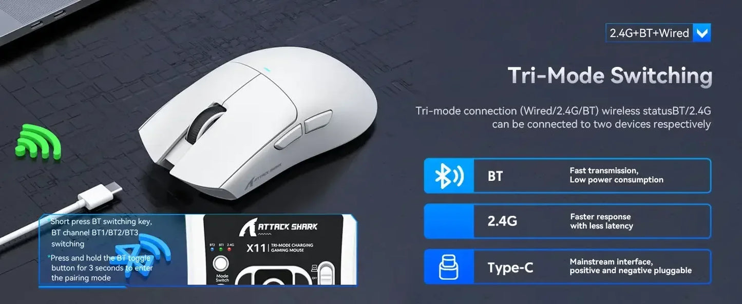 Original Brand ATTACK SHARK X11 Wireless Gaming Mouse Charging Dock PixArt PAW3311 Gaming Sensor, Origin BT/2.4G Wireless/Wired
