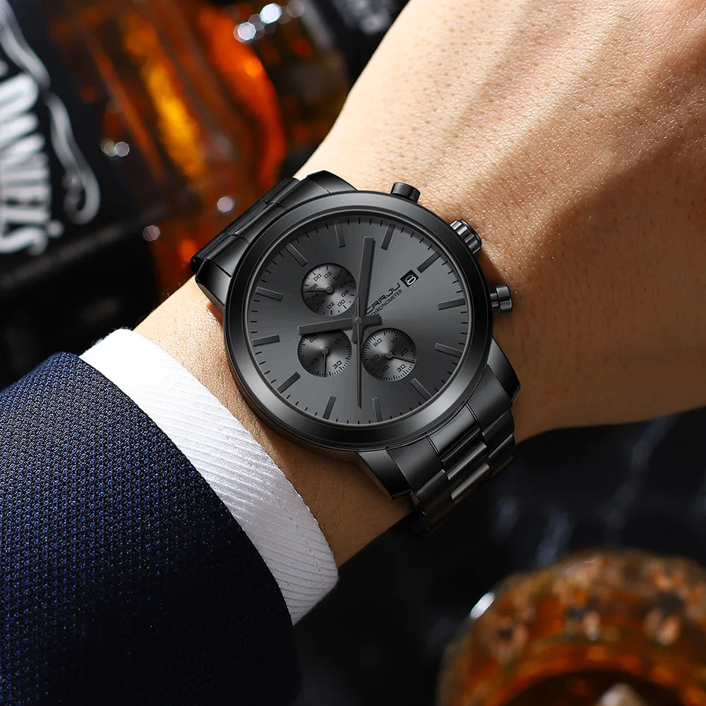 Orologio da uomo CRRJU – Cronografo in acciaio inossidabile, impermeabile, con datario, movimento al quarzo analogico, stile elegante e professionale