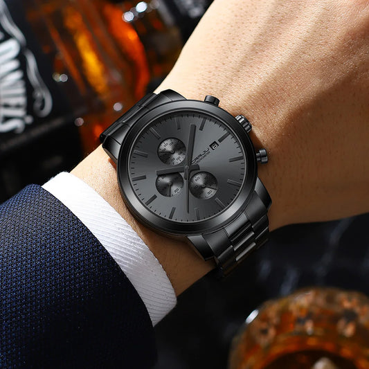 Orologio da uomo CRRJU – Cronografo in acciaio inossidabile, impermeabile, con datario, movimento al quarzo analogico, stile elegante e professionale