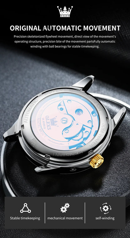 OLEVS 7016 Automatic Man Watch Stainless Steel Diamond Bezel Skeleton Flywheel Moon Phase Luminous Waterproof Mechanical Watches
