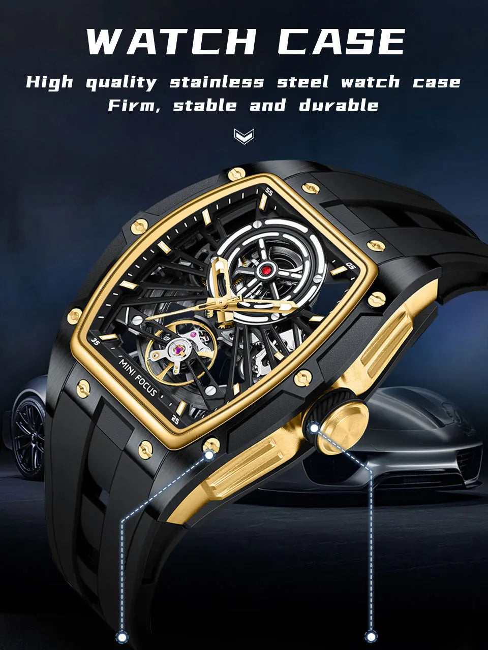 Reloj de pulsera MINI FOCUS para hombre, negro, a la moda, resistente al agua, mecánico automático, con manecillas luminosas, correa de silicona y esfera tonneau