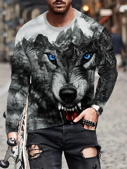 2024 New Wolf Print Men's Long Sleeve T-shirt Spring and Autumn Daily Casual Street Fashion Men's Long Sleeve T-shirt
