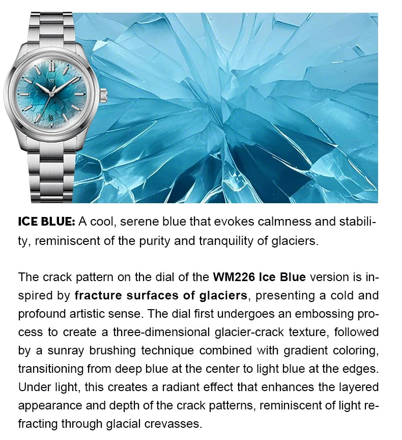 WM Watch Automatic Mechanical Watch NH35 Glacier Series 100M Waterproof AR Coated Sapphire Welly Merck Watches For Man WM226