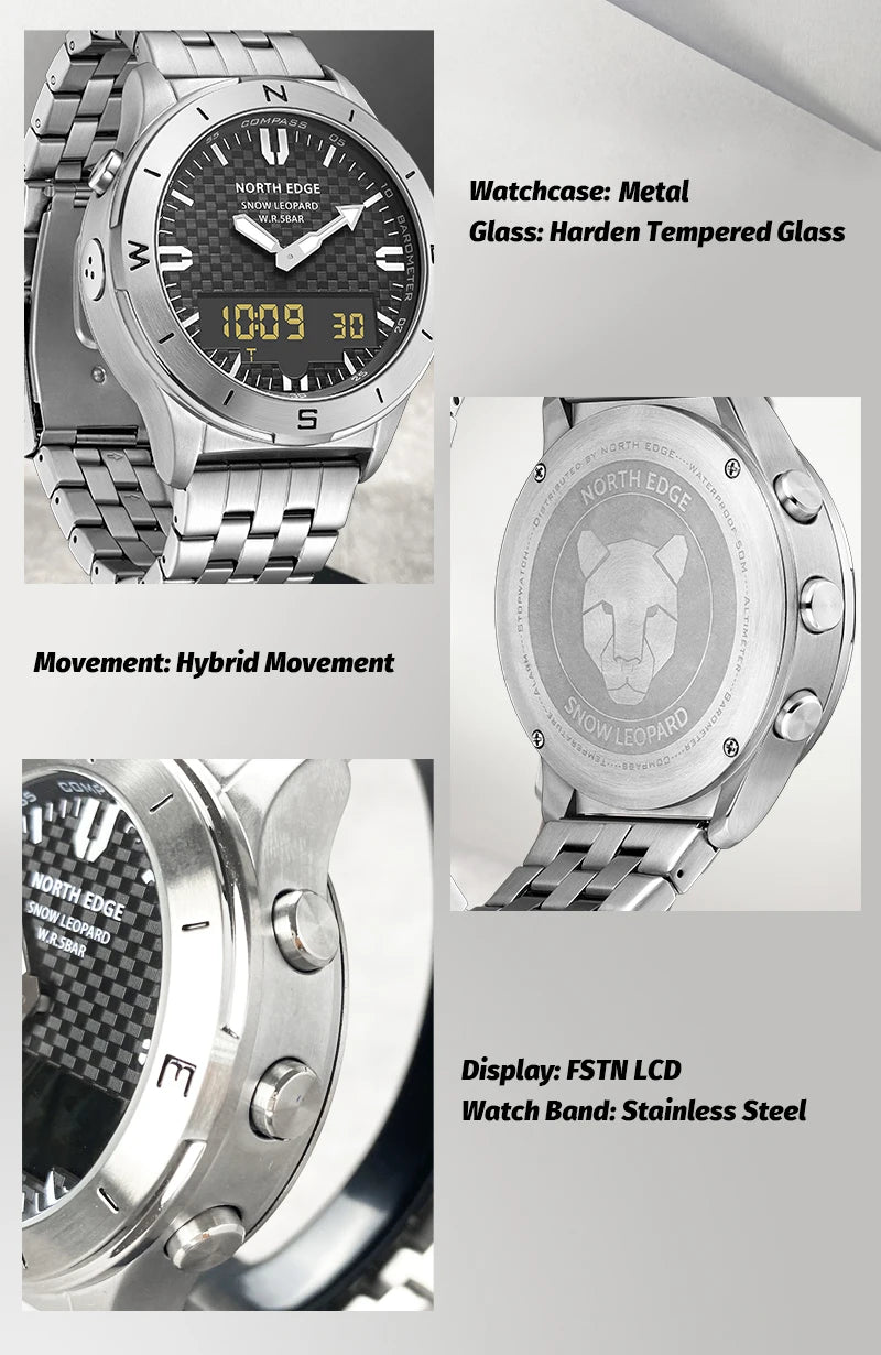 NORTH EDGE Men's Sports Digital Watch Waterproof 50M Altimeter Barometer Compass Business Luxury Men's Watch Outdoor Smartwatch