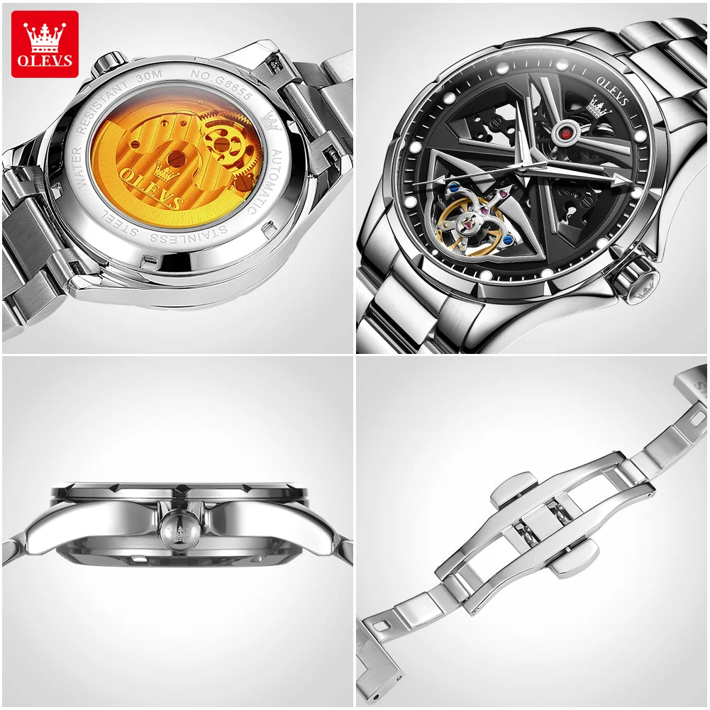 Orologio da uomo OLEVS 6655, modello scheletrato completamente automatico; orologio da polso meccanico di lusso, luminescente e impermeabile.