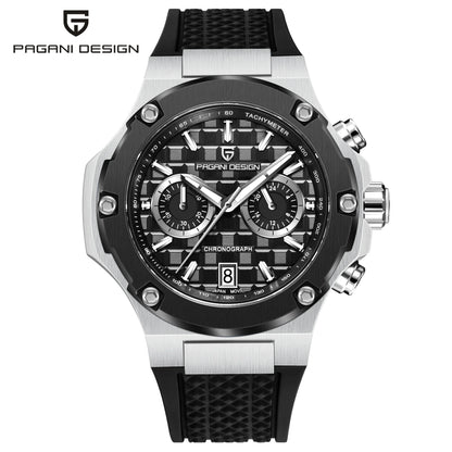 Orologio da uomo PAGANI DESIGN – Cronografo sportivo di lusso in oro rosa, dotato di un movimento al quarzo giapponese VK64 e di un cinturino in gomma fluorurata.